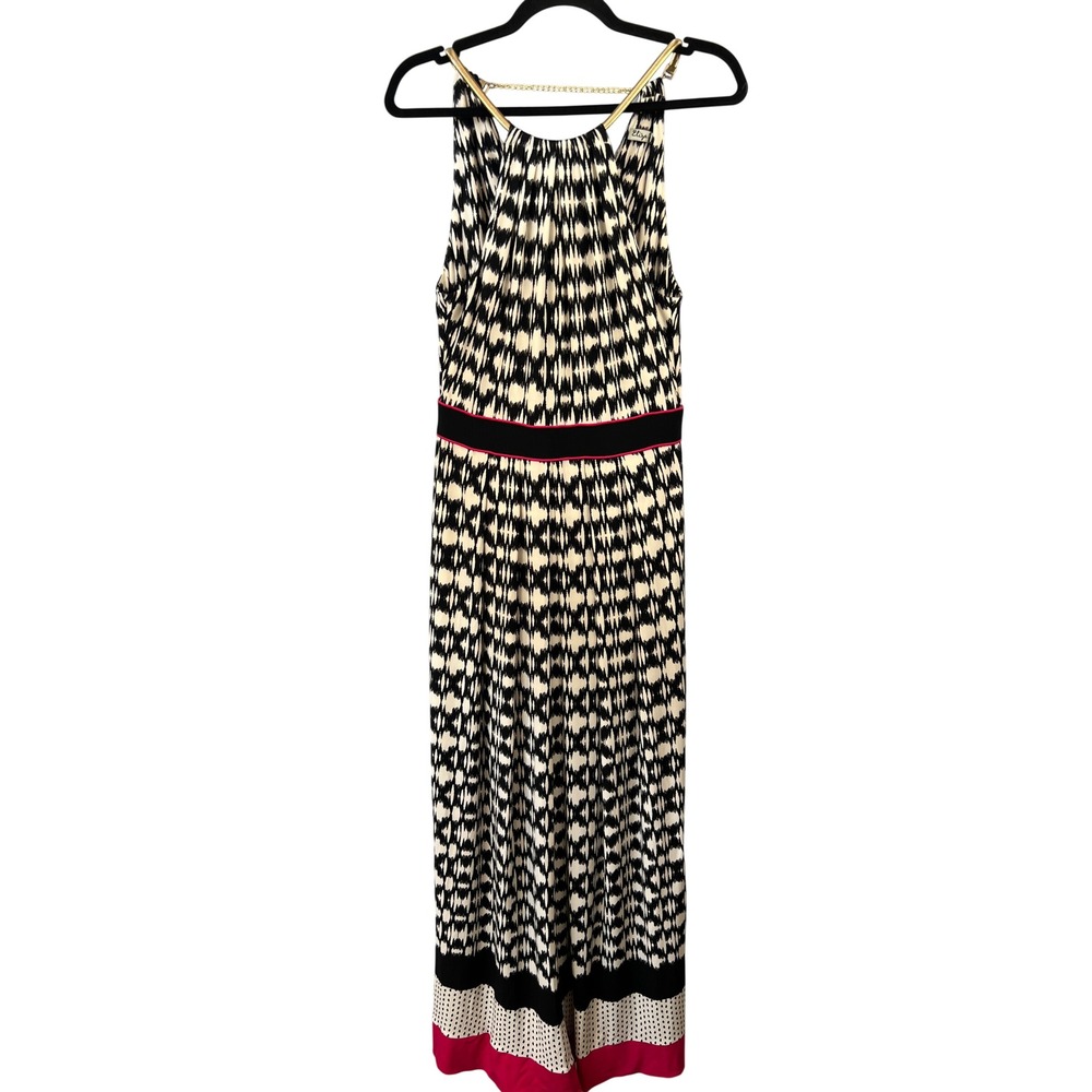 Eliza J Halter Maxi Dress Black White Pink Geometric Print Gold Metal Collar SZ8